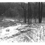 Flooding through a wooded area. Foreground is covered with snow and loose bricks.
