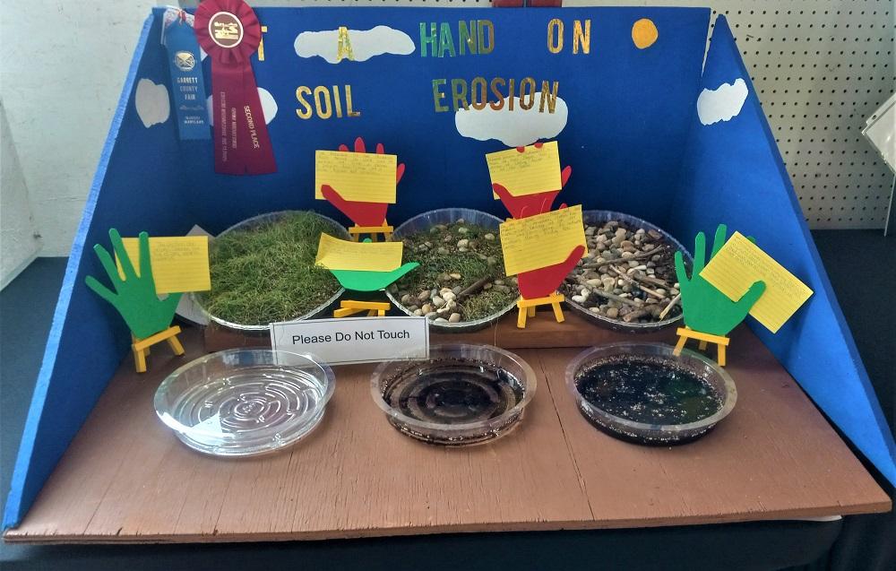 Display depicting how soil erodes with rain with three different types of soil. Grass, rocks, and dirt.