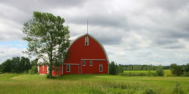 Red barn in a lush green pasture surrounded by trees