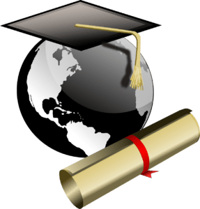 A globe with a graduation cap and diploma