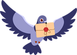 A purple pigeon carrying a letter