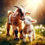 A brown and white baby goat snuggling with a white baby lamb in the sunlight.