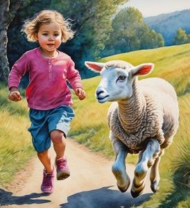A little girl in a pink shirt and blue shorts running down a country lane with her sheep running next to her.
