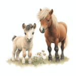 A brown pony with white mane with a white baby pony with black mane.