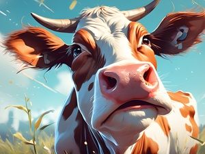 Painting of a brown and white cow with it's nose close to the viewer.