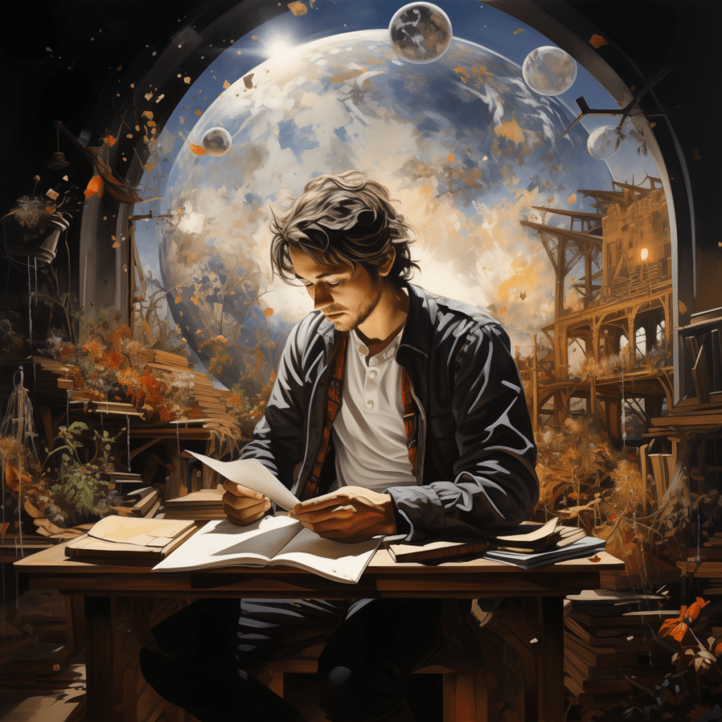 Young man working on an essay with the world behind him