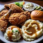 Decorative plate of fried chicken and mashed potatoes