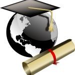 A globe with a graduation cap and diploma